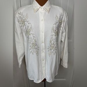 Jane Ashley Beaded Button Down Shirt Sequins White Size Large